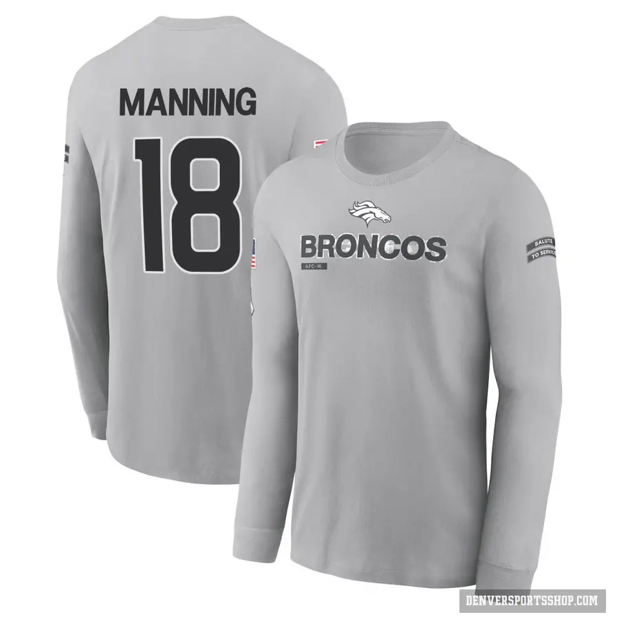 Youth ＃18 Peyton Manning Denver Broncos Gray 2024 Salute to Service Long Sleeve T-Shirt