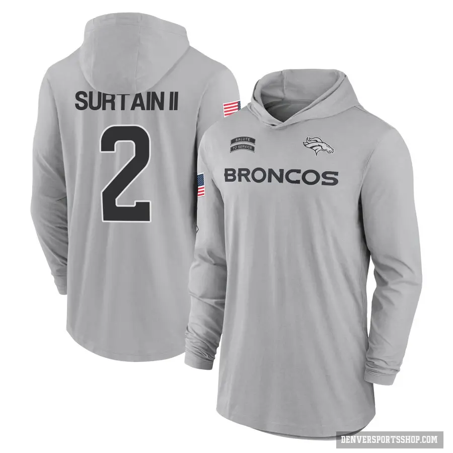 Youth ＃2 Pat Surtain II Denver Broncos Gray 2024 Salute to Service Lightweight Performance Long Sleeve Hooded T-Shirt