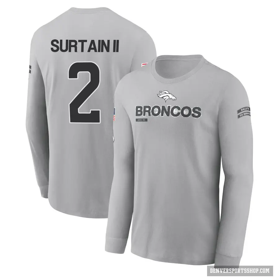 Youth ＃2 Pat Surtain II Denver Broncos Gray 2024 Salute to Service Long Sleeve T-Shirt