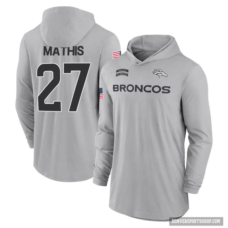 Youth ＃27 Damarri Mathis Denver Broncos Gray 2024 Salute to Service Lightweight Performance Long Sleeve Hooded T-Shirt