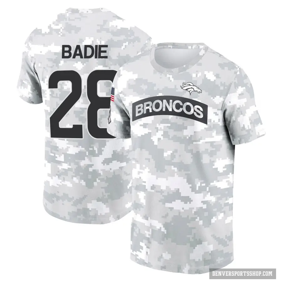 Youth ＃28 Tyler Badie Denver Broncos Camo Arctic 2024 Salute to Service Performance T-Shirt