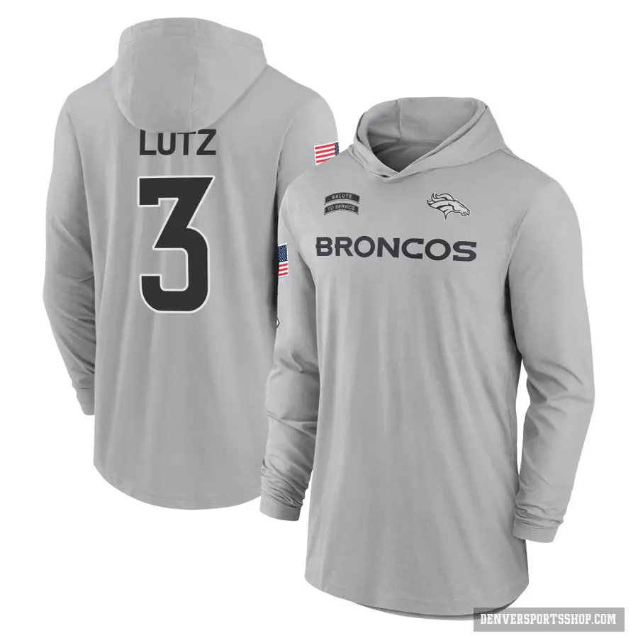 Youth ＃3 Wil Lutz Denver Broncos Gray 2024 Salute to Service Lightweight Performance Long Sleeve Hooded T-Shirt