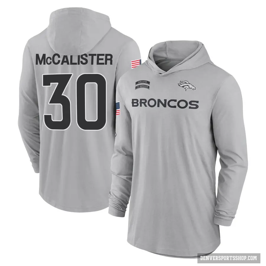 Youth ＃30 Tanner McCalister Denver Broncos Gray 2024 Salute to Service Lightweight Performance Long Sleeve Hooded T-Shirt