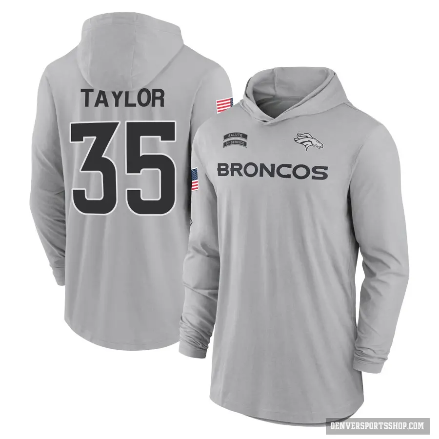 Youth ＃35 Reese Taylor Denver Broncos Gray 2024 Salute to Service Lightweight Performance Long Sleeve Hooded T-Shirt