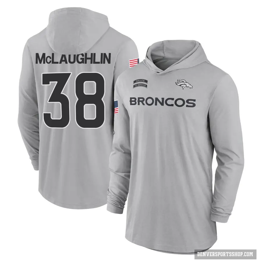 Youth ＃38 Jaleel McLaughlin Denver Broncos Gray 2024 Salute to Service Lightweight Performance Long Sleeve Hooded T-Shirt