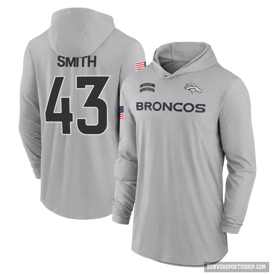 Youth ＃43 Keidron Smith Denver Broncos Gray 2024 Salute to Service Lightweight Performance Long Sleeve Hooded T-Shirt