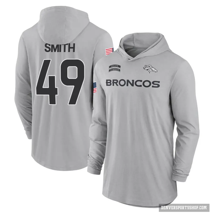 Youth ＃49 Dennis Smith Denver Broncos Gray 2024 Salute to Service Lightweight Performance Long Sleeve Hooded T-Shirt