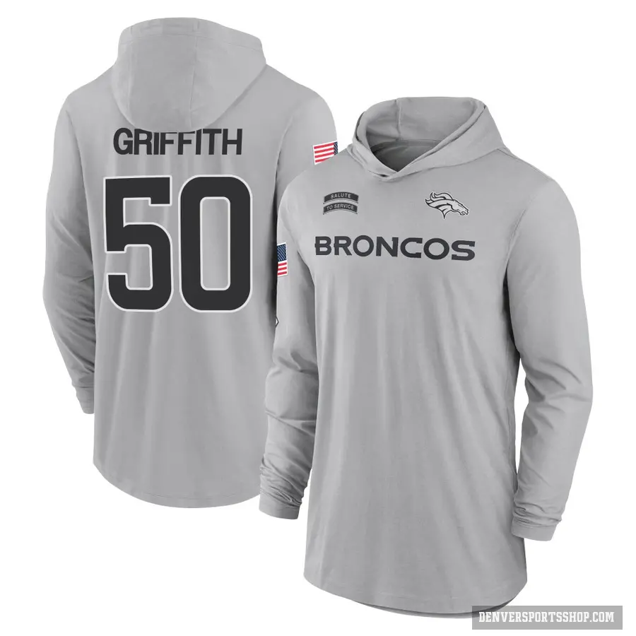 Youth ＃50 Jonas Griffith Denver Broncos Gray 2024 Salute to Service Lightweight Performance Long Sleeve Hooded T-Shirt