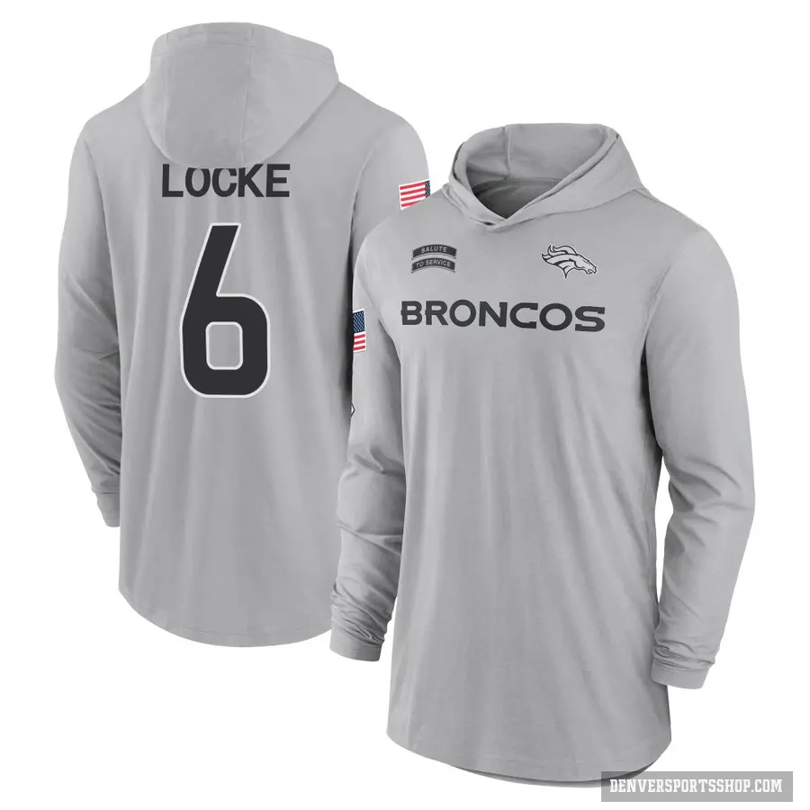 Youth ＃6 P.J. Locke Denver Broncos Gray 2024 Salute to Service Lightweight Performance Long Sleeve Hooded T-Shirt