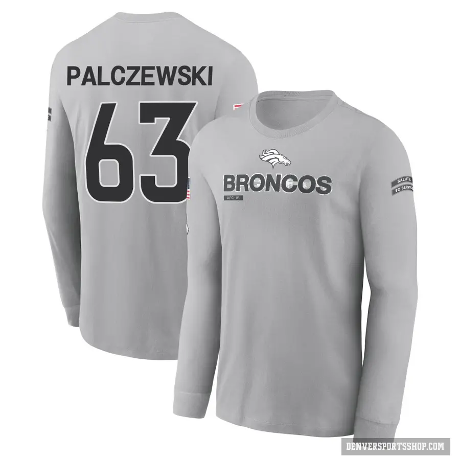 Youth ＃63 Alex Palczewski Denver Broncos Gray 2024 Salute to Service Long Sleeve T-Shirt