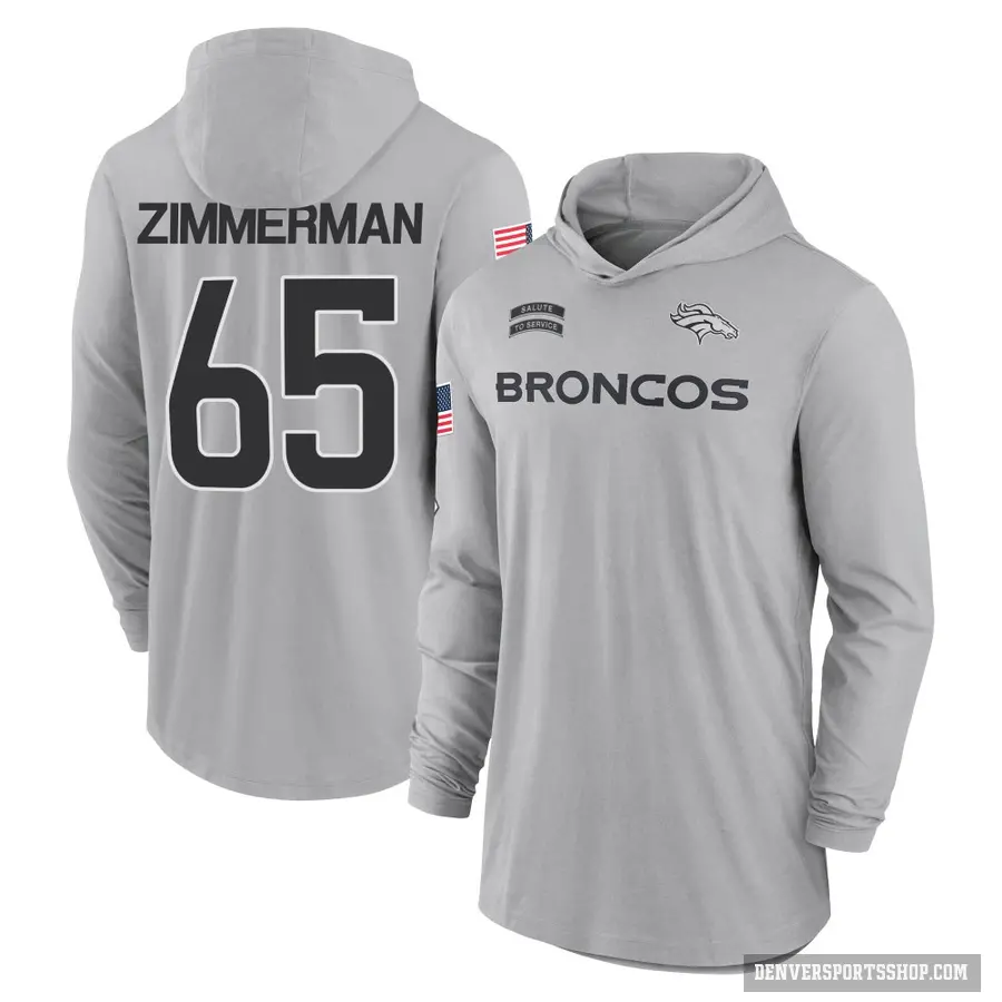 Youth ＃65 Gary Zimmerman Denver Broncos Gray 2024 Salute to Service Lightweight Performance Long Sleeve Hooded T-Shirt