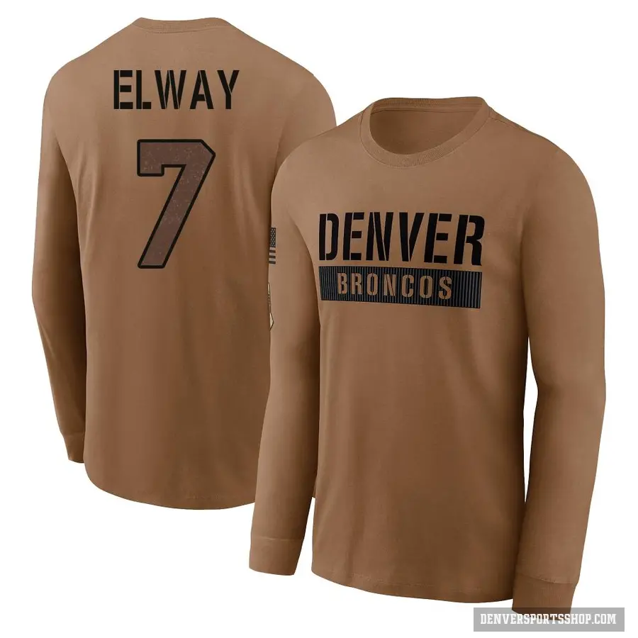 Youth ＃7 John Elway Denver Broncos Brown 2023 Salute To Service Long Sleeve T-Shirt