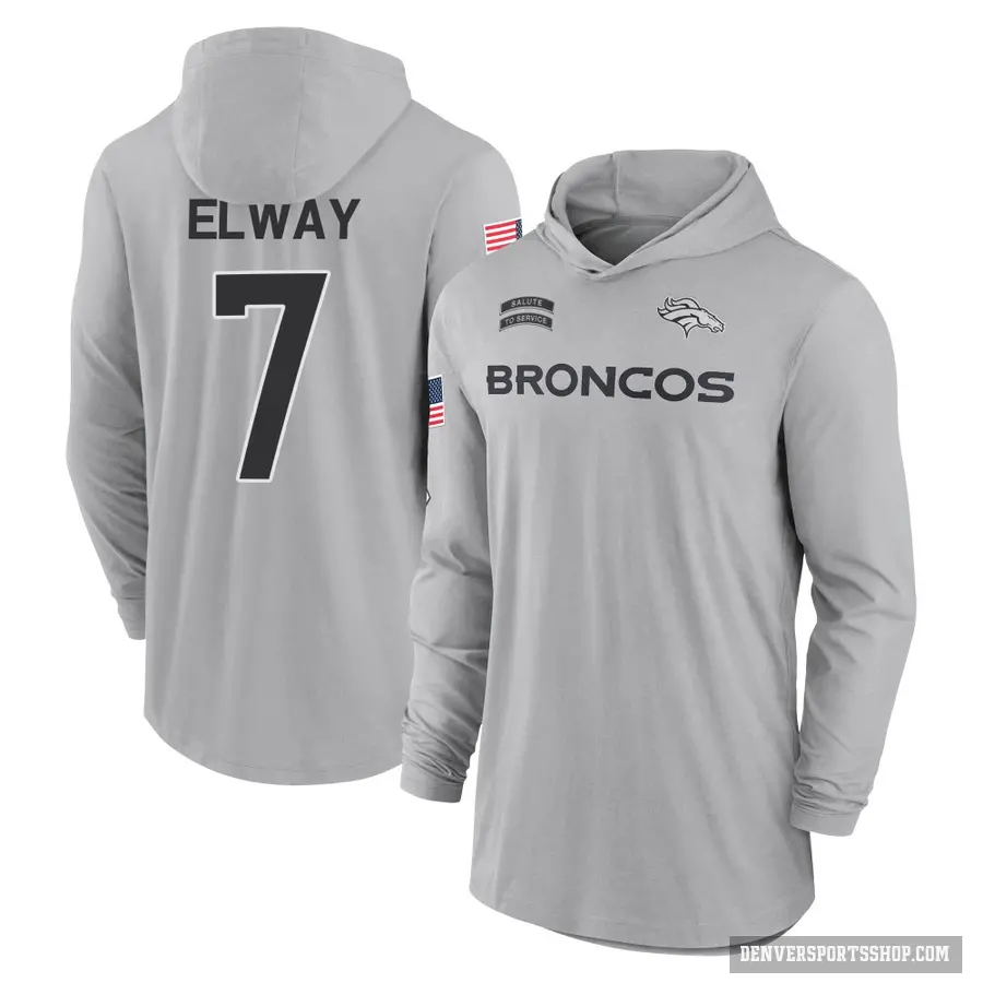 Youth ＃7 John Elway Denver Broncos Gray 2024 Salute to Service Lightweight Performance Long Sleeve Hooded T-Shirt