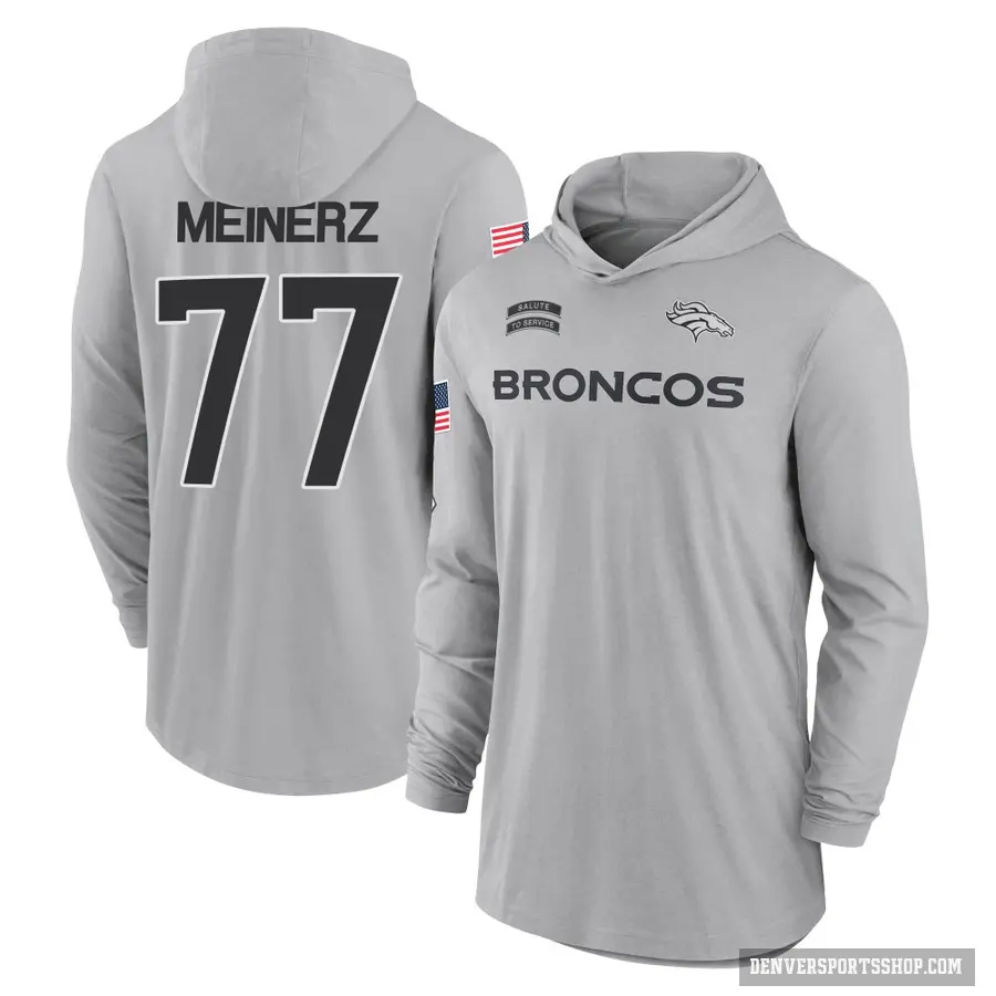 Youth ＃77 Quinn Meinerz Denver Broncos Gray 2024 Salute to Service Lightweight Performance Long Sleeve Hooded T-Shirt