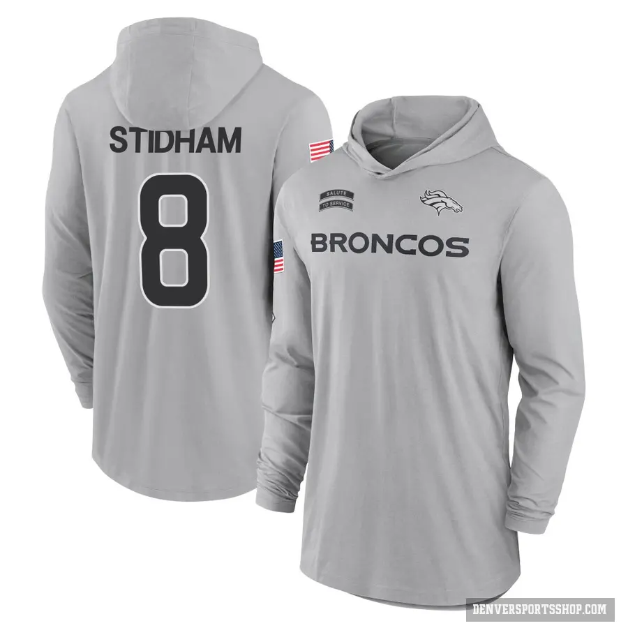 Youth ＃8 Jarrett Stidham Denver Broncos Gray 2024 Salute to Service Lightweight Performance Long Sleeve Hooded T-Shirt