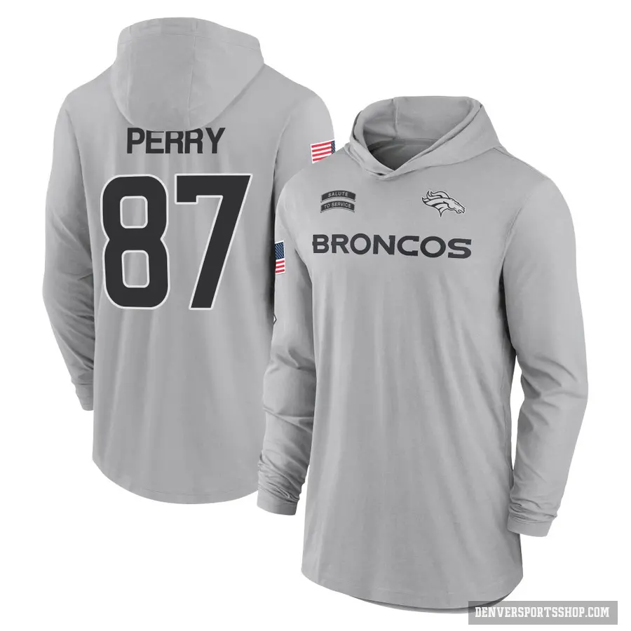 Youth ＃87 A.T. Perry Denver Broncos Gray 2024 Salute to Service Lightweight Performance Long Sleeve Hooded T-Shirt