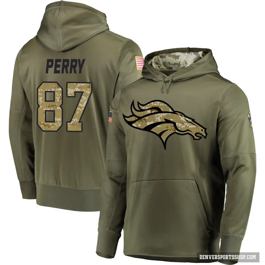 Youth ＃87 A.T. Perry Denver Broncos Olive Salute to Service Pullover Hoodie