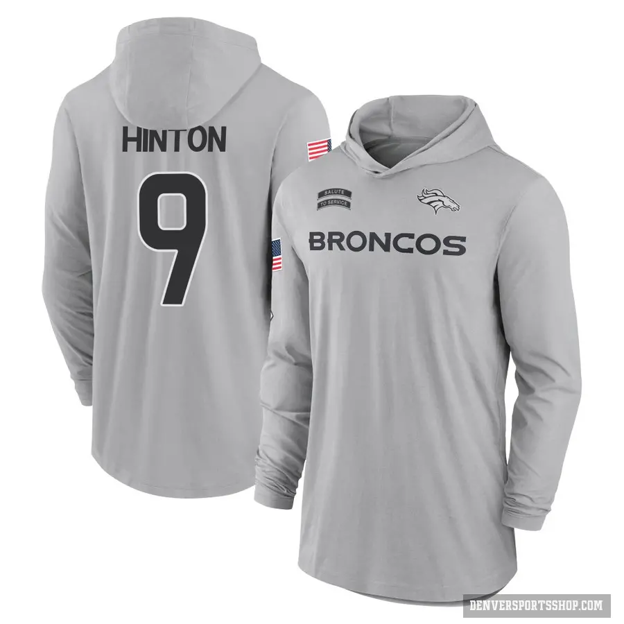 Youth ＃9 Kendall Hinton Denver Broncos Gray 2024 Salute to Service Lightweight Performance Long Sleeve Hooded T-Shirt