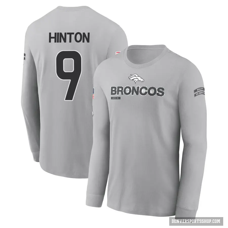 Youth ＃9 Kendall Hinton Denver Broncos Gray 2024 Salute to Service Long Sleeve T-Shirt