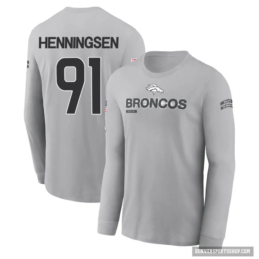 Youth ＃91 Matt Henningsen Denver Broncos Gray 2024 Salute to Service Long Sleeve T-Shirt